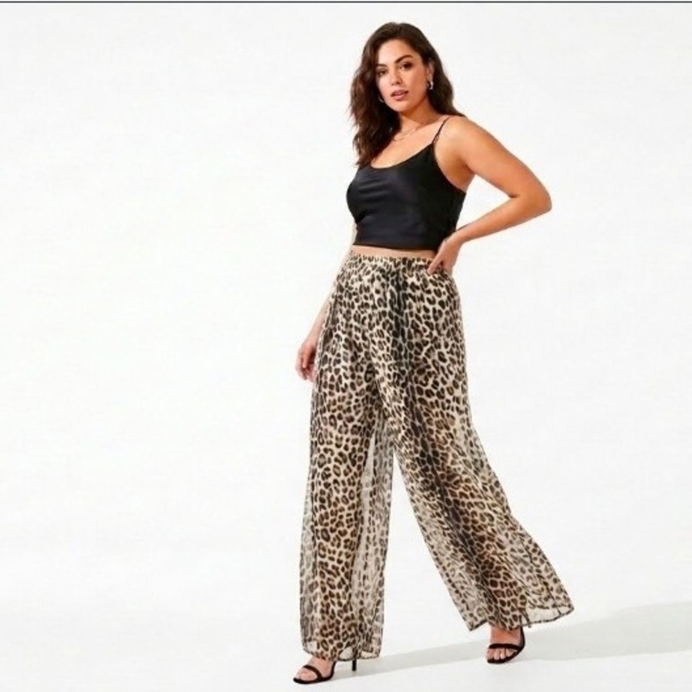 Kardashian Kollection Leopard Wide Leg Pants XL Animal Print Drawstring Sheer